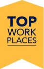 Top Workplaces award badge in yellow with bold blue text.