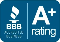 BBB Accredited Business A+ rating logo on a blue background.